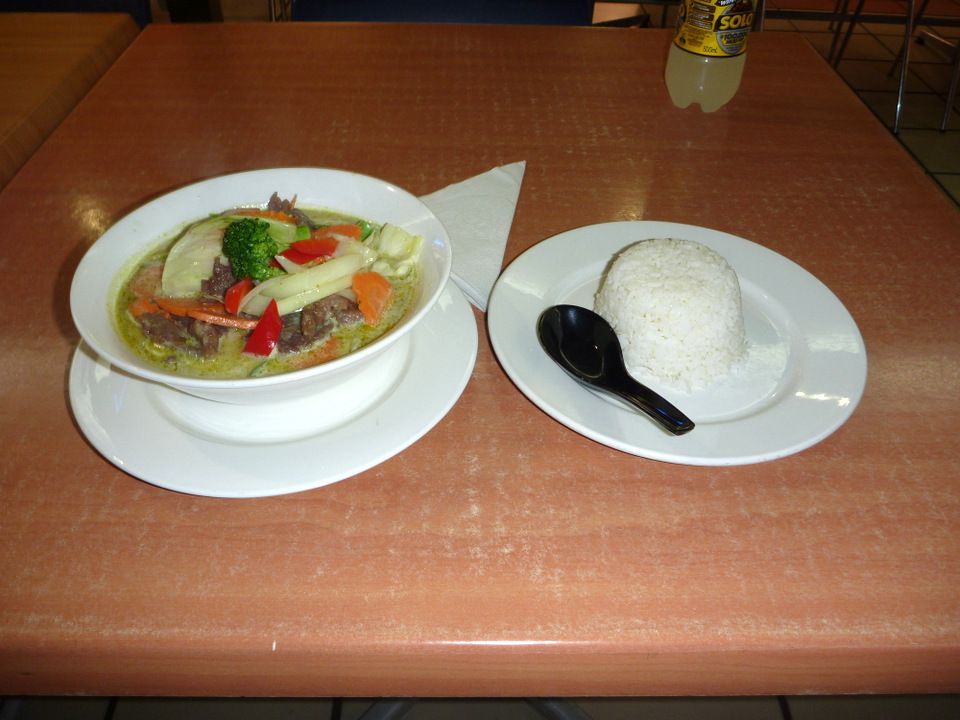 green curry and steamed rice from Mahar Fusion